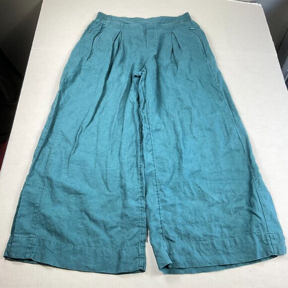Athleta Playa Linen Wide Leg Crop Pants Blue Comfort Casual Coastal Pull On 10 T - Picture 1 of 14